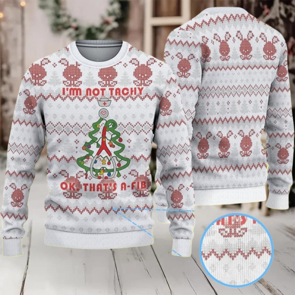White Ugly Christmas Sweater with Red Reindeer and Snowflake Pattern Featuring Nurse Heartbeat Atrial Fibrillation Tree White Ugly Christmas Sweater with Red Reindeer and Snowflake Pattern Featuring Nurse Heartbeat Atrial Fibrillation Tree