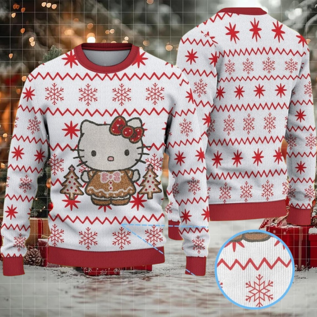 White Ugly Christmas Sweater with Red Snowflake Pattern Featuring Hello Kitty in Gingerbread Outfit