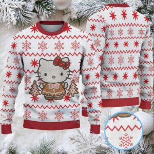 White Ugly Christmas Sweater with Red Snowflake Pattern Featuring Hello Kitty in Gingerbread Outfit