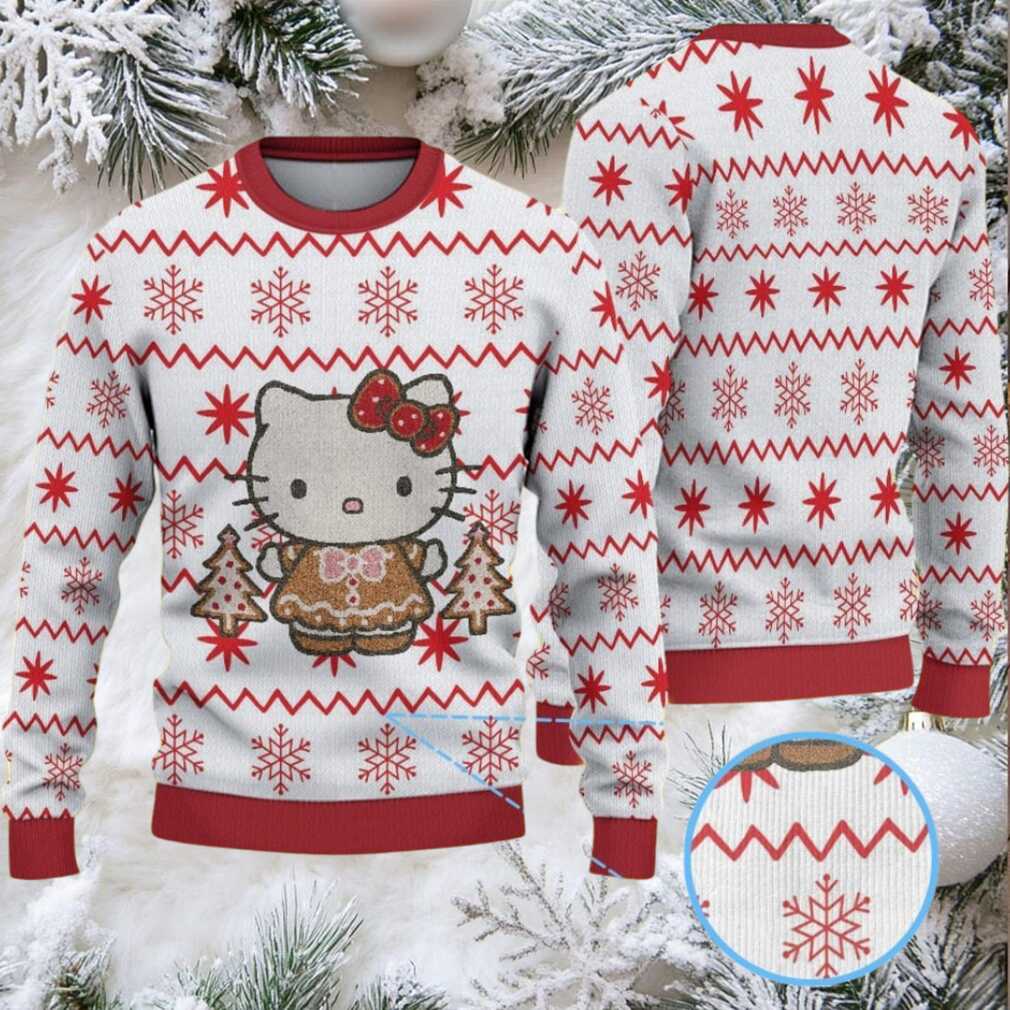 White Ugly Christmas Sweater with Red Snowflake Pattern Featuring Hello Kitty in Gingerbread Outfit