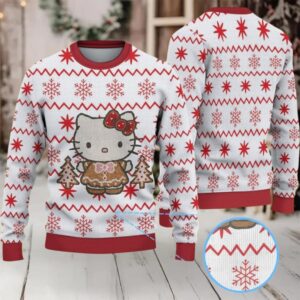 White Ugly Christmas Sweater with Red Snowflake Pattern Featuring Hello Kitty in Gingerbread Outfit