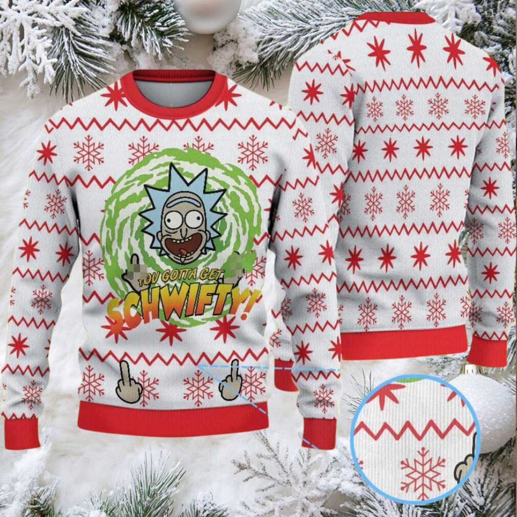 White Ugly Christmas Sweater with Red Snowflake Pattern Featuring Rick and Morty Get Schwifty White Ugly Christmas Sweater with Red Snowflake Pattern Featuring Rick and Morty Get Schwifty