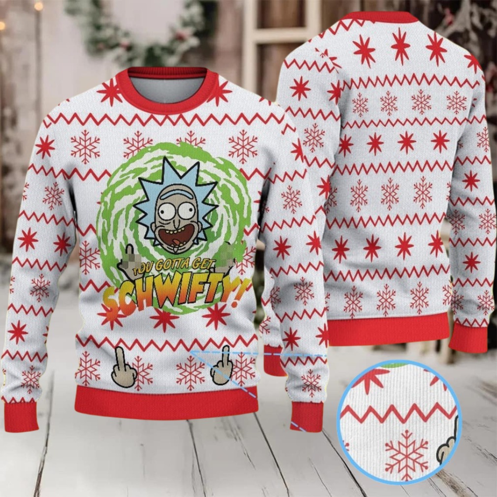 White Ugly Christmas Sweater with Red Snowflake Pattern Featuring Rick and Morty Get Schwifty White Ugly Christmas Sweater with Red Snowflake Pattern Featuring Rick and Morty Get Schwifty