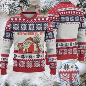 White Ugly Christmas Sweater with Red and Navy Snowflake Pattern Featuring Rick and Morty Happy Human Holiday