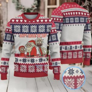 White Ugly Christmas Sweater with Red and Navy Snowflake Pattern Featuring Rick and Morty Happy Human Holiday