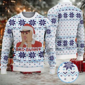 White and Blue Fair Isle Snowflake Ugly Christmas Sweater Bad Bunny in Santa Hat with Sunglasses White and Blue Fair Isle Snowflake Ugly Christmas Sweater Bad Bunny in Santa Hat with Sunglasses