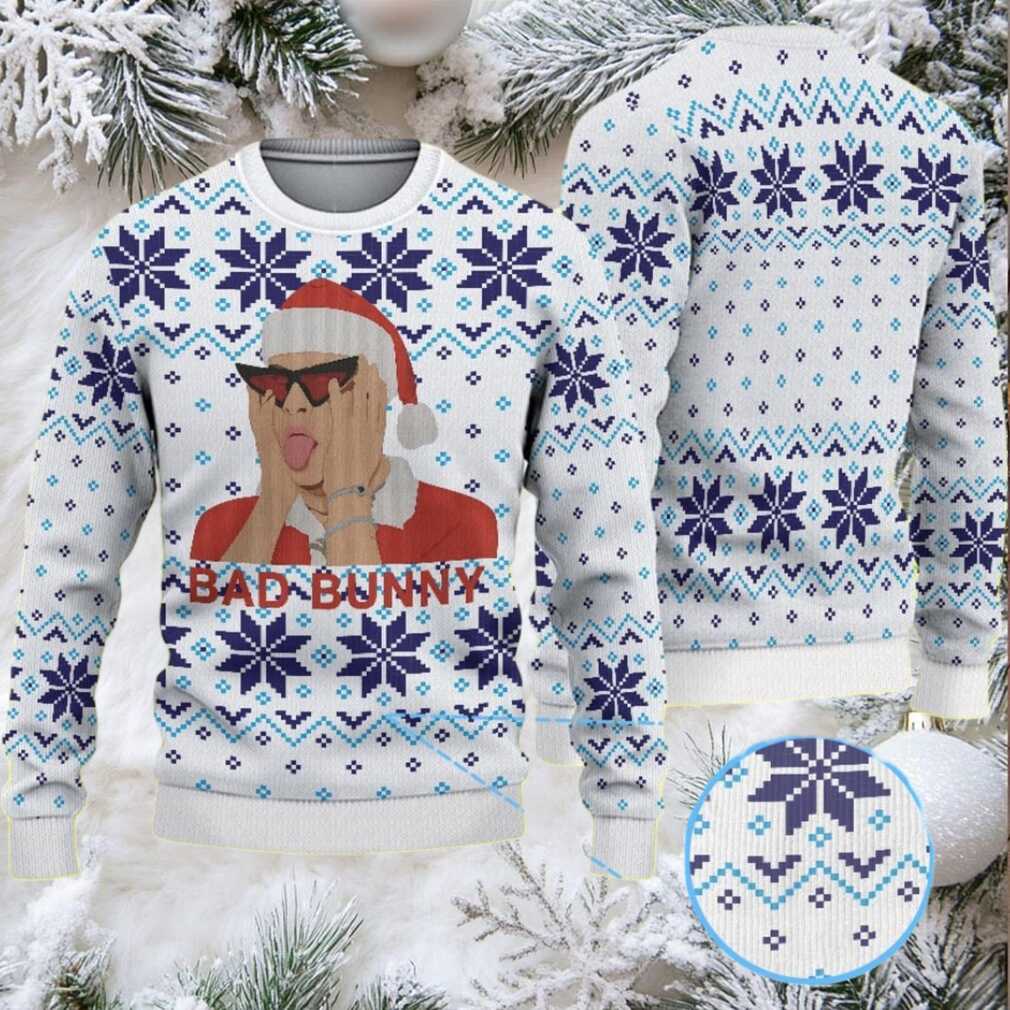 White and Blue Fair Isle Snowflake Ugly Christmas Sweater Bad Bunny in Santa Hat with Sunglasses