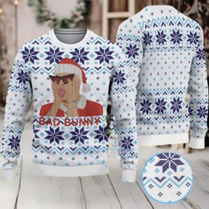 White and Blue Fair Isle Snowflake Ugly Christmas Sweater Bad Bunny in Santa Hat with Sunglasses