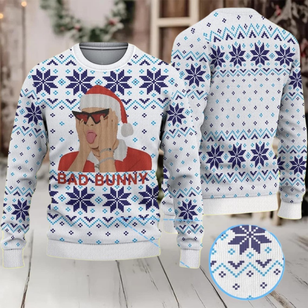 White and Blue Fair Isle Snowflake Ugly Christmas Sweater Bad Bunny in Santa Hat with Sunglasses White and Blue Fair Isle Snowflake Ugly Christmas Sweater Bad Bunny in Santa Hat with Sunglasses