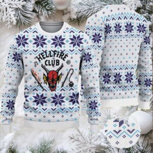 White and Blue Fair Isle Snowflake Ugly Christmas Sweater Stranger Things Hellfire Club with Flaming Sword and Chain Icons