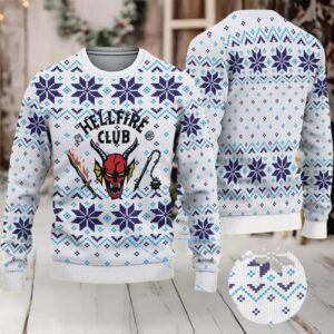 White and Blue Fair Isle Snowflake Ugly Christmas Sweater Stranger Things Hellfire Club with Flaming Sword and Chain Icons
