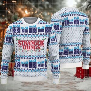 White and Blue Fair Isle Ugly Christmas Sweater Stranger Things Logo with Gift Box and Christmas Lights Pattern White and Blue Fair Isle Ugly Christmas Sweater Stranger Things Logo with Gift Box and Christmas Lights Pattern