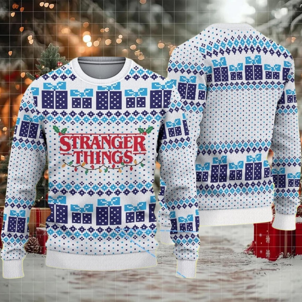 White and Blue Fair Isle Ugly Christmas Sweater Stranger Things Logo with Gift Box and Christmas Lights Pattern
