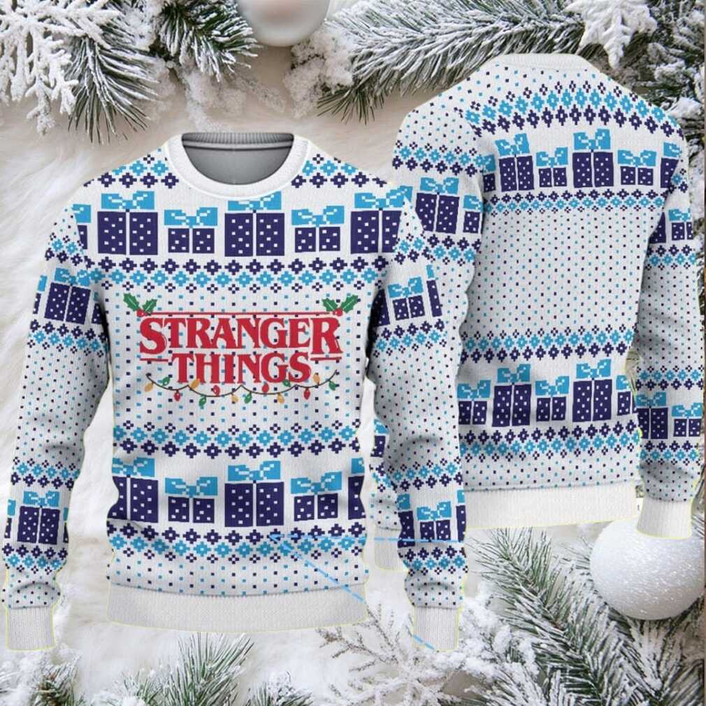 White and Blue Fair Isle Ugly Christmas Sweater Stranger Things Logo with Gift Box and Christmas Lights Pattern