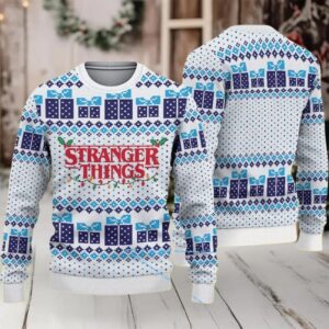 White and Blue Fair Isle Ugly Christmas Sweater Stranger Things Logo with Gift Box and Christmas Lights Pattern