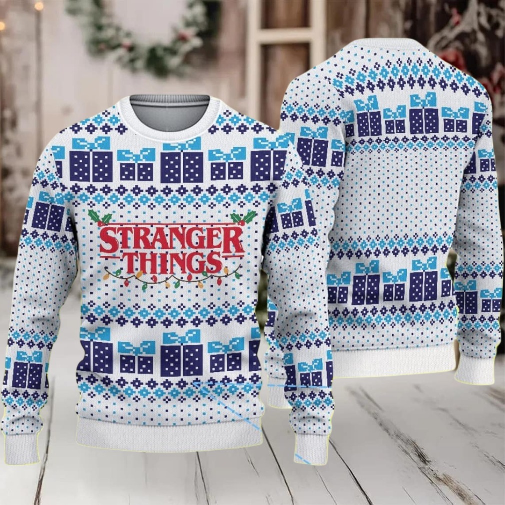 White and Blue Fair Isle Ugly Christmas Sweater Stranger Things Logo with Gift Box and Christmas Lights Pattern White and Blue Fair Isle Ugly Christmas Sweater Stranger Things Logo with Gift Box and Christmas Lights Pattern