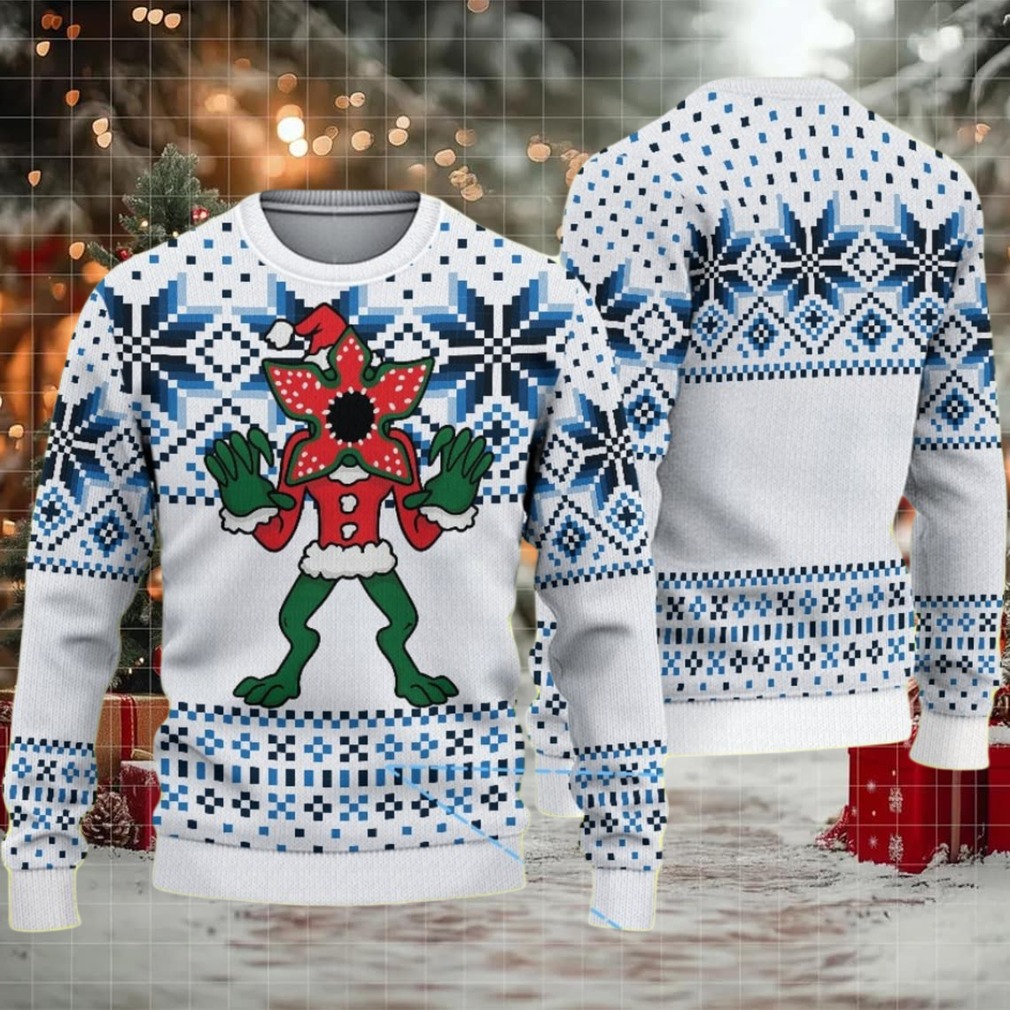 White and Blue Nordic Snowflake Fair Isle Ugly Christmas Sweater Stranger Things Demogorgon in Santa Outfit White and Blue Nordic Snowflake Fair Isle Ugly Christmas Sweater Stranger Things Demogorgon in Santa Outfit