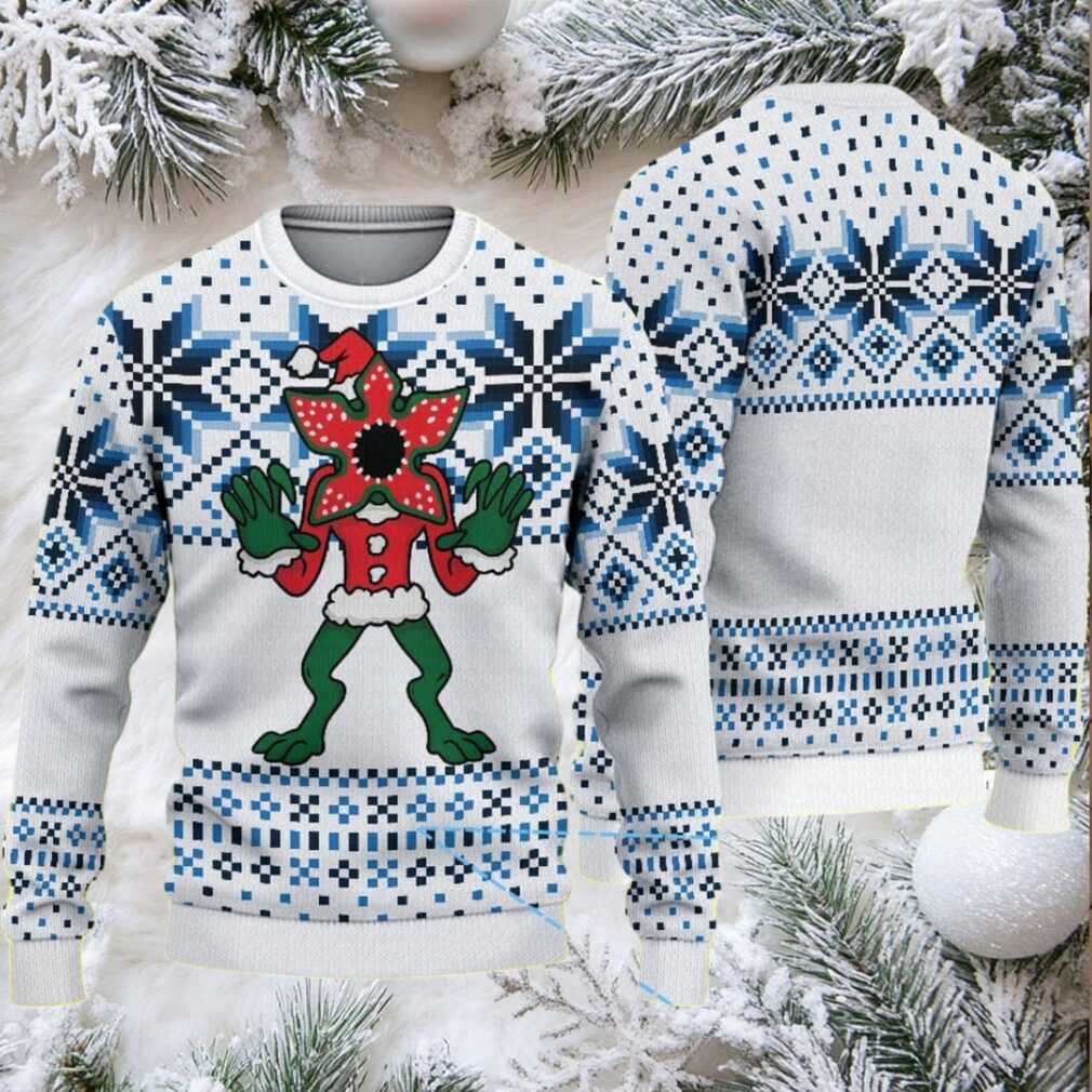 White and Blue Nordic Snowflake Fair Isle Ugly Christmas Sweater Stranger Things Demogorgon in Santa Outfit White and Blue Nordic Snowflake Fair Isle Ugly Christmas Sweater Stranger Things Demogorgon in Santa Outfit