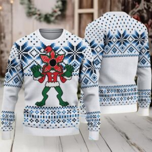 White and Blue Nordic Snowflake Fair Isle Ugly Christmas Sweater Stranger Things Demogorgon in Santa Outfit
