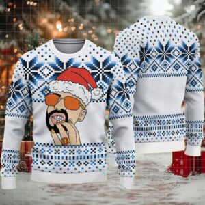 White and Blue Nordic Snowflake Ugly Christmas Sweater Bad Bunny in Santa Hat with Orange Sunglasses and Grillz White and Blue Nordic Snowflake Ugly Christmas Sweater Bad Bunny in Santa Hat with Orange Sunglasses and Grillz
