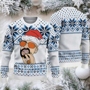 White and Blue Nordic Snowflake Ugly Christmas Sweater Bad Bunny in Santa Hat with Orange Sunglasses and Grillz