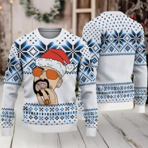 White and Blue Nordic Snowflake Ugly Christmas Sweater Bad Bunny in Santa Hat with Orange Sunglasses and Grillz