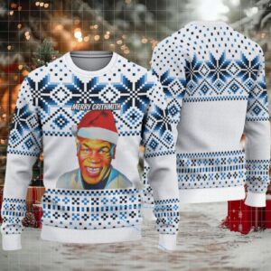 White and Blue Nordic Snowflake Ugly Christmas Sweater Mike Tyson in Santa Hat White and Blue Nordic Snowflake Ugly Christmas Sweater Mike Tyson in Santa Hat