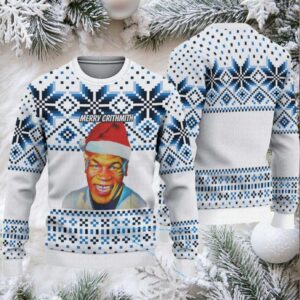 White and Blue Nordic Snowflake Ugly Christmas Sweater Mike Tyson in Santa Hat