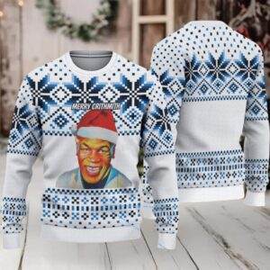 White and Blue Nordic Snowflake Ugly Christmas Sweater Mike Tyson in Santa Hat