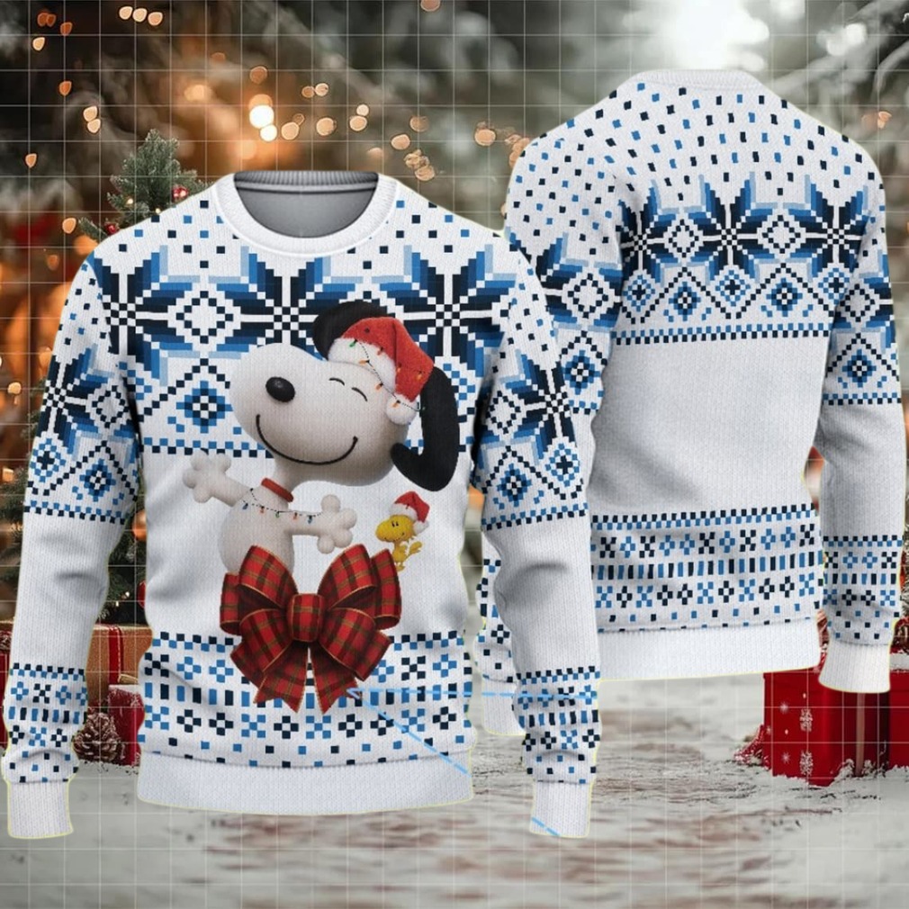 White and Blue Nordic Snowflake Ugly Christmas Sweater Snoopy and Woodstock with Red Plaid Bow White and Blue Nordic Snowflake Ugly Christmas Sweater Snoopy and Woodstock with Red Plaid Bow