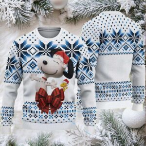 White and Blue Nordic Snowflake Ugly Christmas Sweater Snoopy and Woodstock with Red Plaid Bow