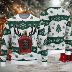 White and Green Christmas Tree Crown Royal Black Ugly Christmas Sweater White and Green Christmas Tree Crown Royal Black Ugly Christmas Sweater