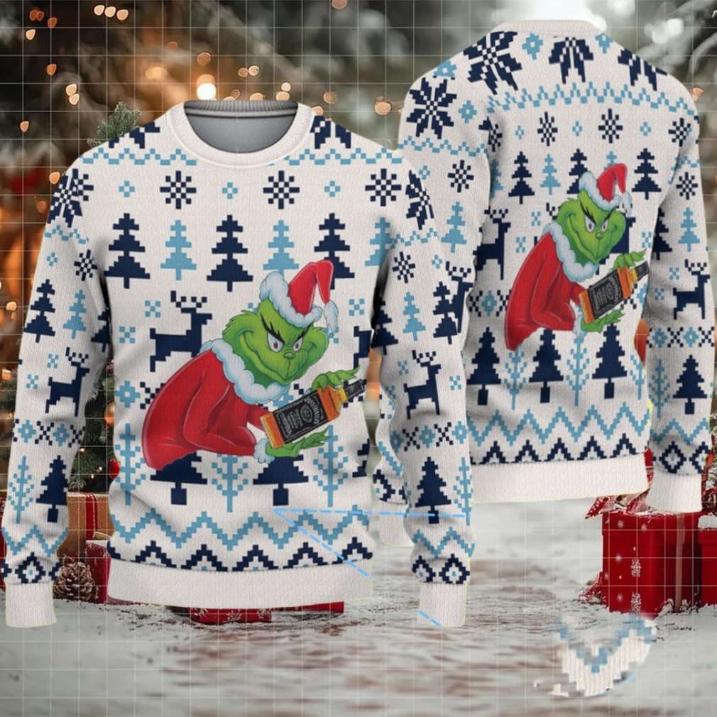 White and Navy Fair Isle Ugly Christmas Sweater Jack Daniel’s Whiskey with Grinch Trees and Reindeer Pattern