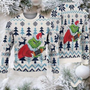 White and Navy Fair Isle Ugly Christmas Sweater Jack Daniel’s Whiskey with Grinch Trees and Reindeer Pattern