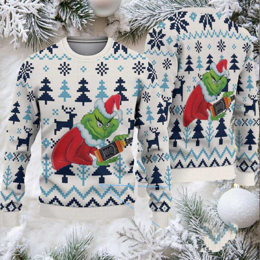 White and Navy Fair Isle Ugly Christmas Sweater Jack Daniel’s Whiskey with Grinch Trees and Reindeer Pattern