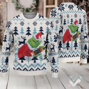 White and Navy Fair Isle Ugly Christmas Sweater Jack Daniel’s Whiskey with Grinch Trees and Reindeer Pattern