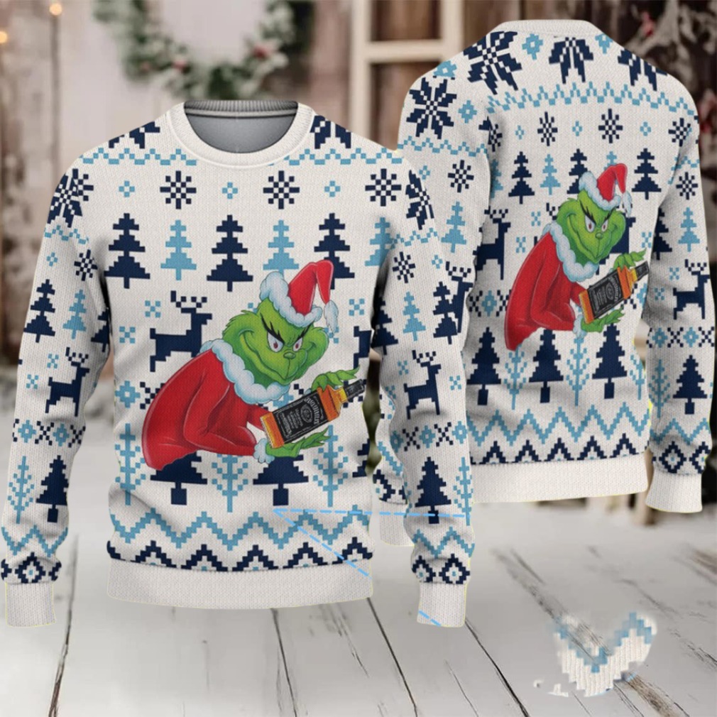 White and Navy Fair Isle Ugly Christmas Sweater Jack Daniel’s Whiskey with Grinch Trees and Reindeer Pattern White and Navy Fair Isle Ugly Christmas Sweater Jack Daniel’s Whiskey with Grinch Trees and Reindeer Pattern