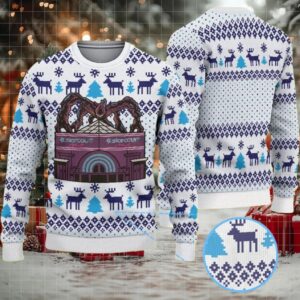 White and Navy Fair Isle Ugly Christmas Sweater Stranger Things Starcourt Mall Mind Flayer with Reindeer and Snowflake Pattern White and Navy Fair Isle Ugly Christmas Sweater Stranger Things Starcourt Mall Mind Flayer with Reindeer and Snowflake Pattern