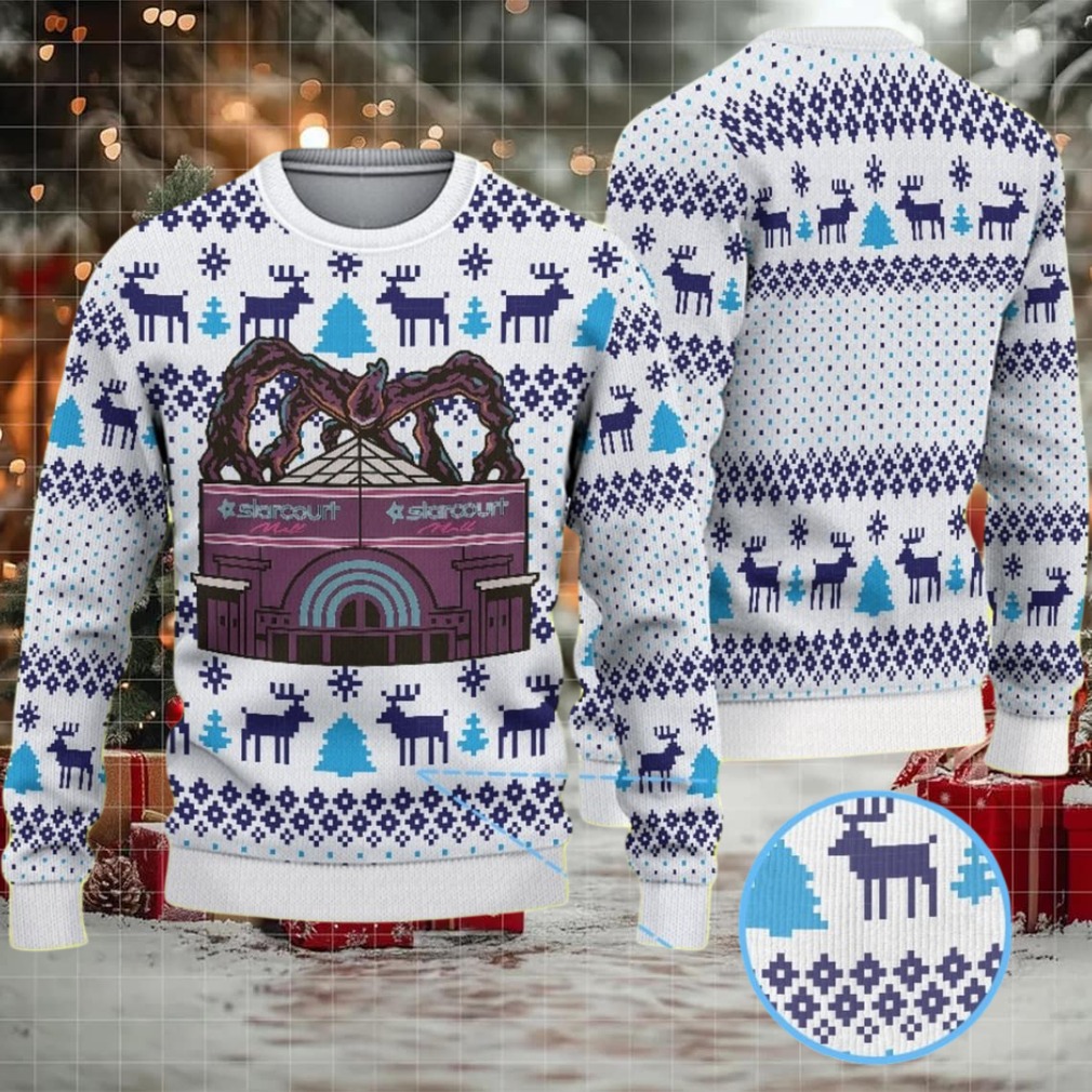 White and Navy Fair Isle Ugly Christmas Sweater Stranger Things Starcourt Mall Mind Flayer with Reindeer and Snowflake Pattern