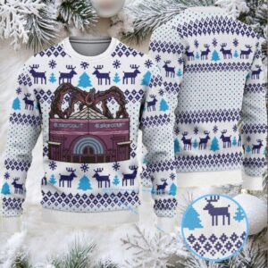 White and Navy Fair Isle Ugly Christmas Sweater Stranger Things Starcourt Mall Mind Flayer with Reindeer and Snowflake Pattern