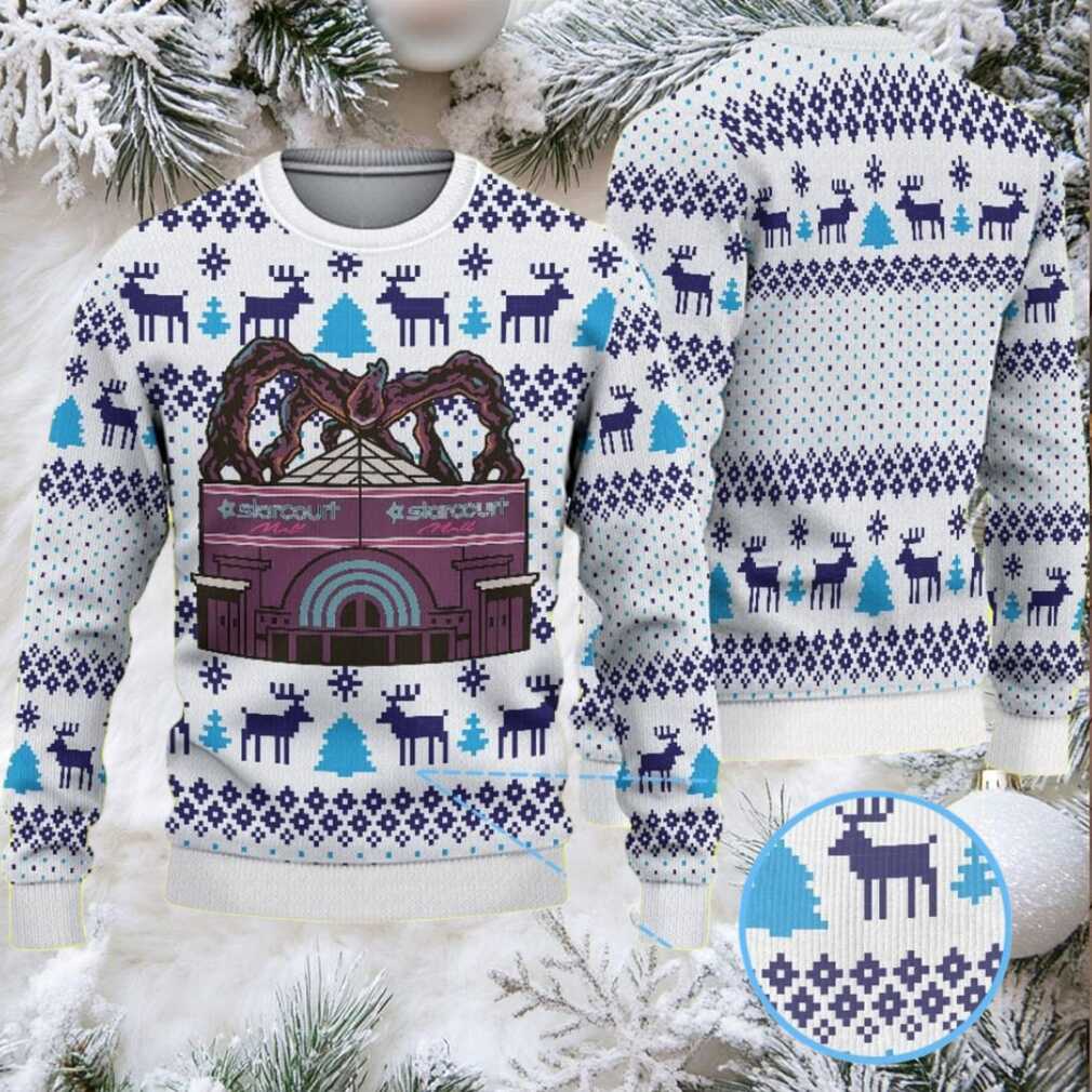 White and Navy Fair Isle Ugly Christmas Sweater Stranger Things Starcourt Mall Mind Flayer with Reindeer and Snowflake Pattern