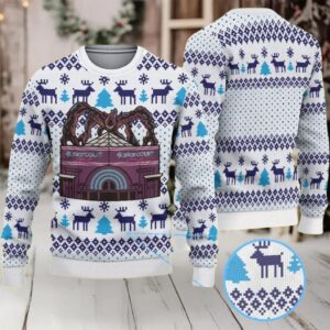 White and Navy Fair Isle Ugly Christmas Sweater Stranger Things Starcourt Mall Mind Flayer with Reindeer and Snowflake Pattern