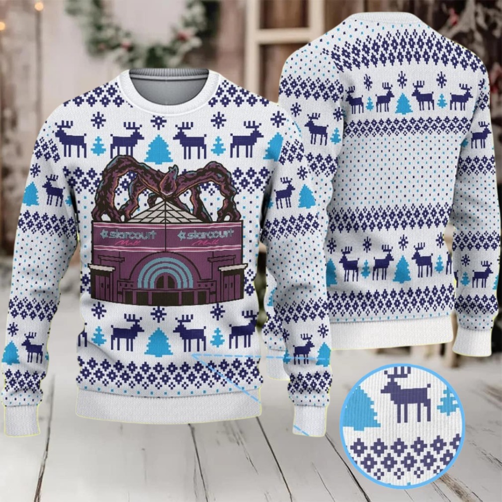 White and Navy Fair Isle Ugly Christmas Sweater Stranger Things Starcourt Mall Mind Flayer with Reindeer and Snowflake Pattern White and Navy Fair Isle Ugly Christmas Sweater Stranger Things Starcourt Mall Mind Flayer with Reindeer and Snowflake Pattern