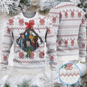 White and Red Fair Isle Ugly Christmas Sweater Stranger Things Kids and Demogorgon Pixel Pattern