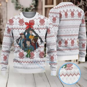 White and Red Fair Isle Ugly Christmas Sweater Stranger Things Kids and Demogorgon Pixel Pattern