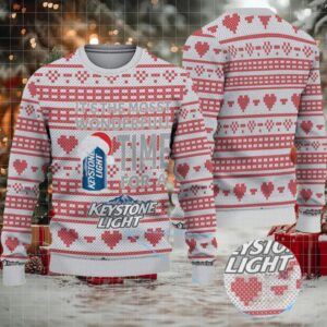 White and Red Heart Pattern Keystone Light Ugly Christmas Sweater White and Red Heart Pattern Keystone Light Ugly Christmas Sweater