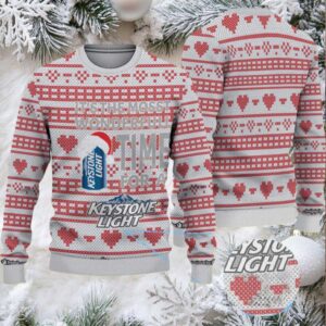 White and Red Heart Pattern Keystone Light Ugly Christmas Sweater