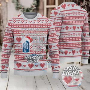White and Red Heart Pattern Keystone Light Ugly Christmas Sweater