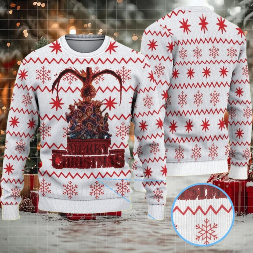 White and Red Zigzag Snowflake Ugly Christmas Sweater Stranger Things Mind Flayer and Heroes Pattern White and Red Zigzag Snowflake Ugly Christmas Sweater Stranger Things Mind Flayer and Heroes Pattern