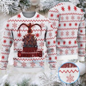 White and Red Zigzag Snowflake Ugly Christmas Sweater Stranger Things Mind Flayer and Heroes Pattern